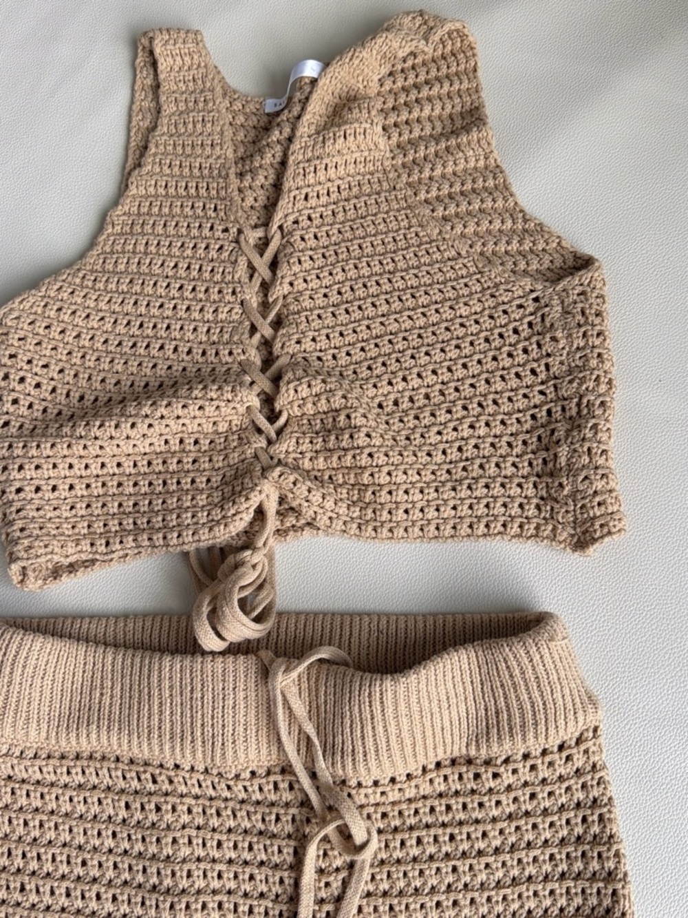 Beige Crochet Knit Skirt Set with Lace-Up Top